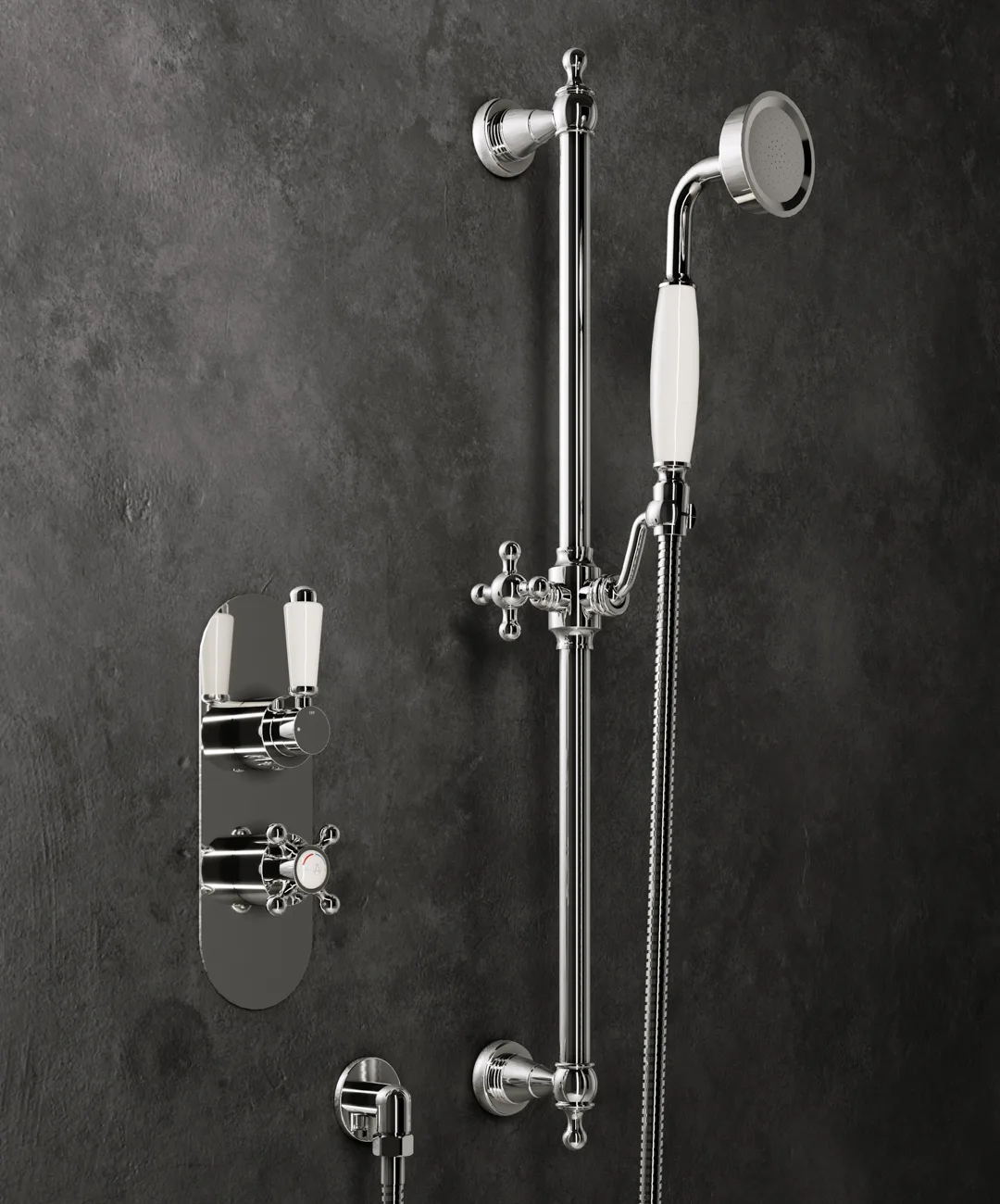 Thermostatic shower valve with long lever handles and a height-adjustable slide rail handset