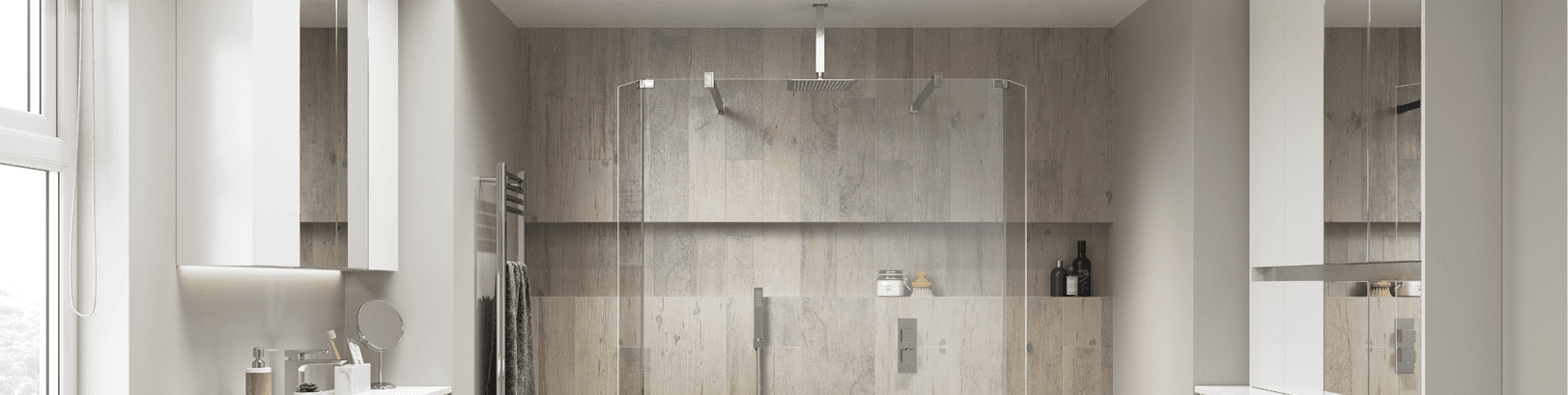Walk-in shower area with a fixed glass panel, overhead rain head and wood-effect wall tiles