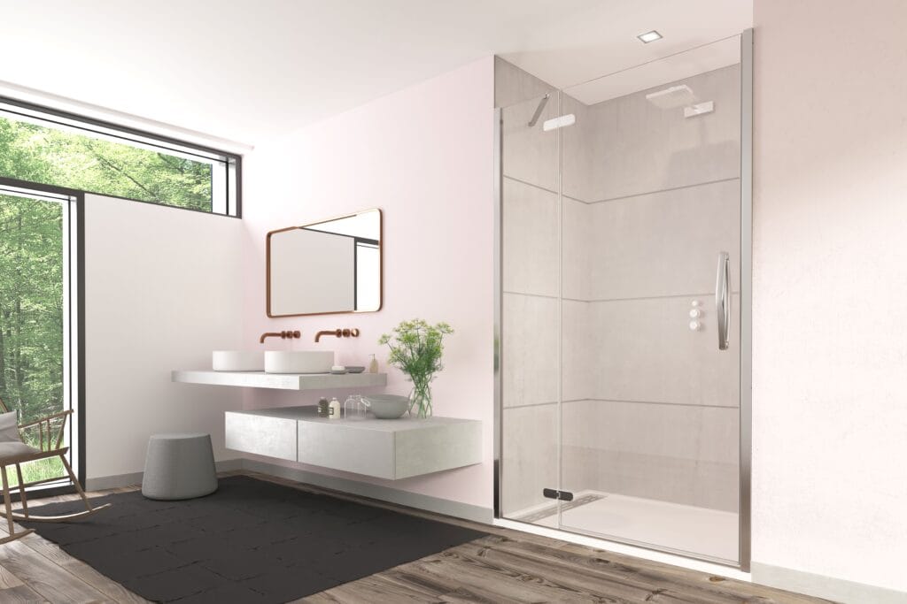 Flair Oro chrome frameless hinge and inline alcove shower door clear glass