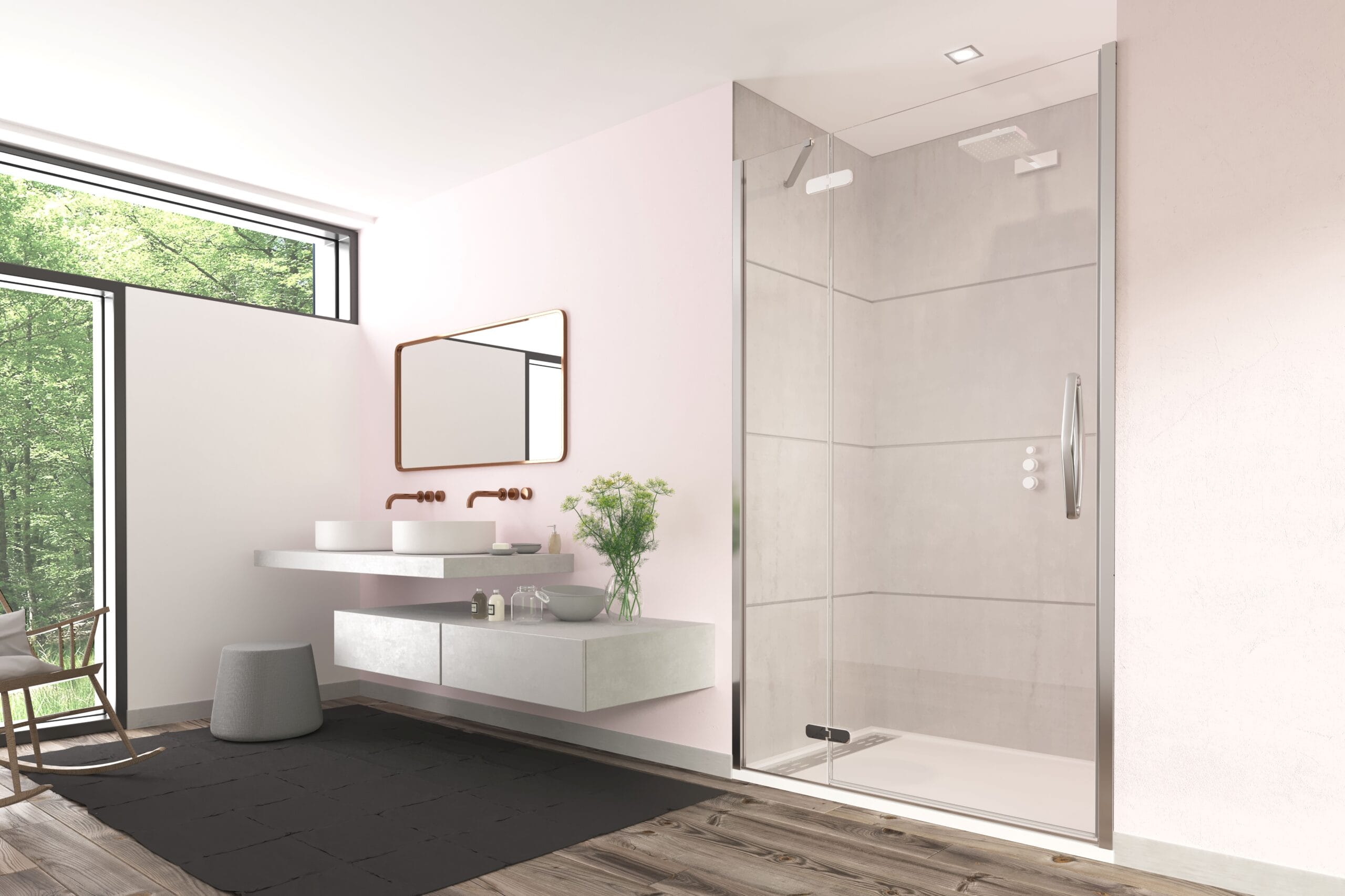 Flair Oro hinge door and inline panel fitted in an alcove bathroom setting