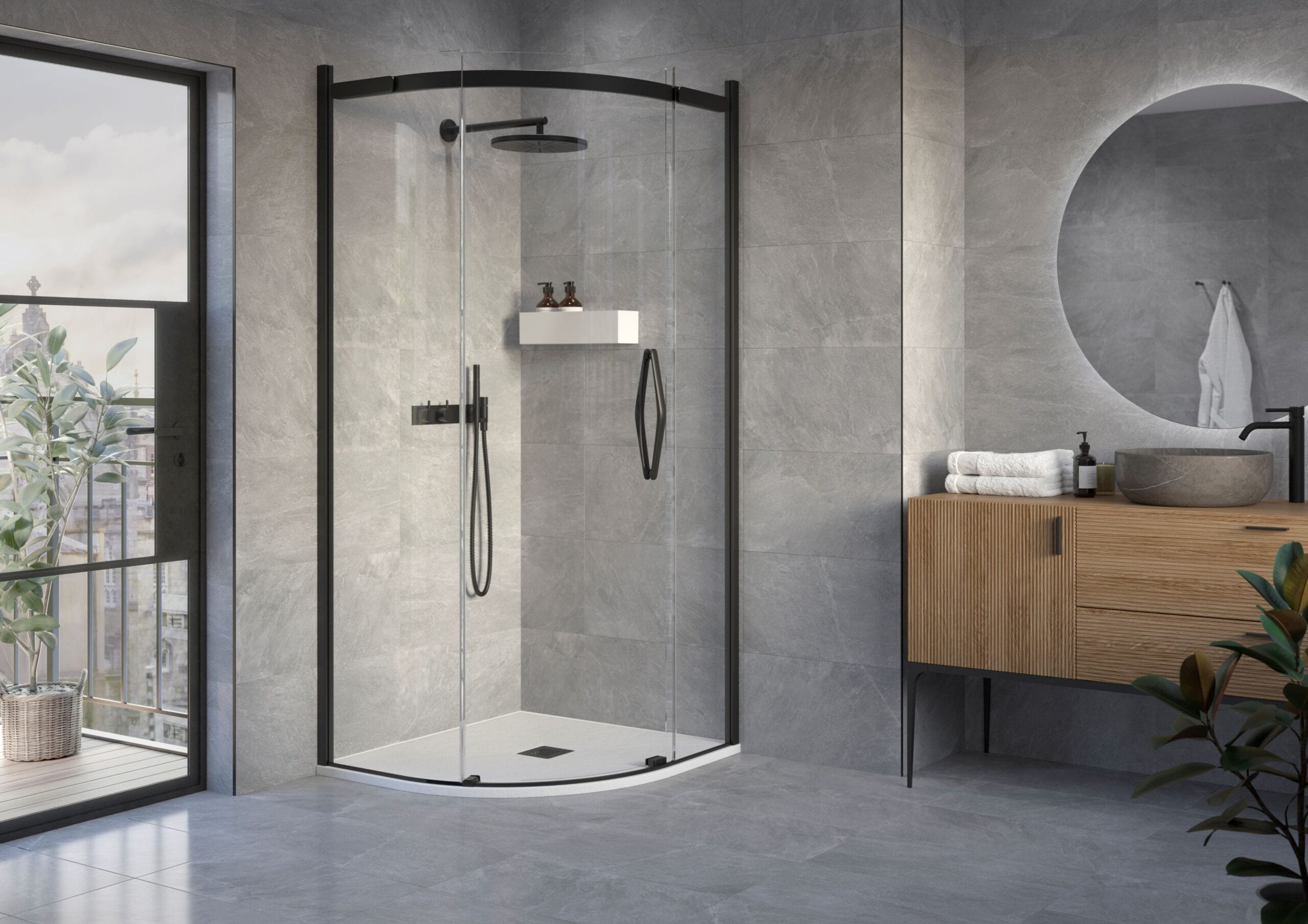 Flair Oro shower enclosure in matte black against grey stone-effect tiles