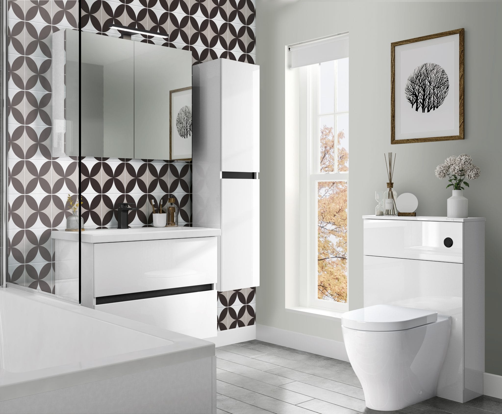 Wall-hung vanity unit and wall-hung WC with the floor running clear underneath both