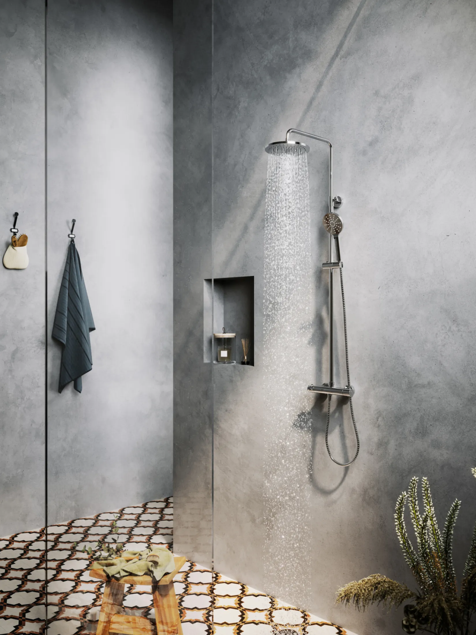 Thermostatic drench shower column fitted in an open concrete-effect wet room with no shower tray
