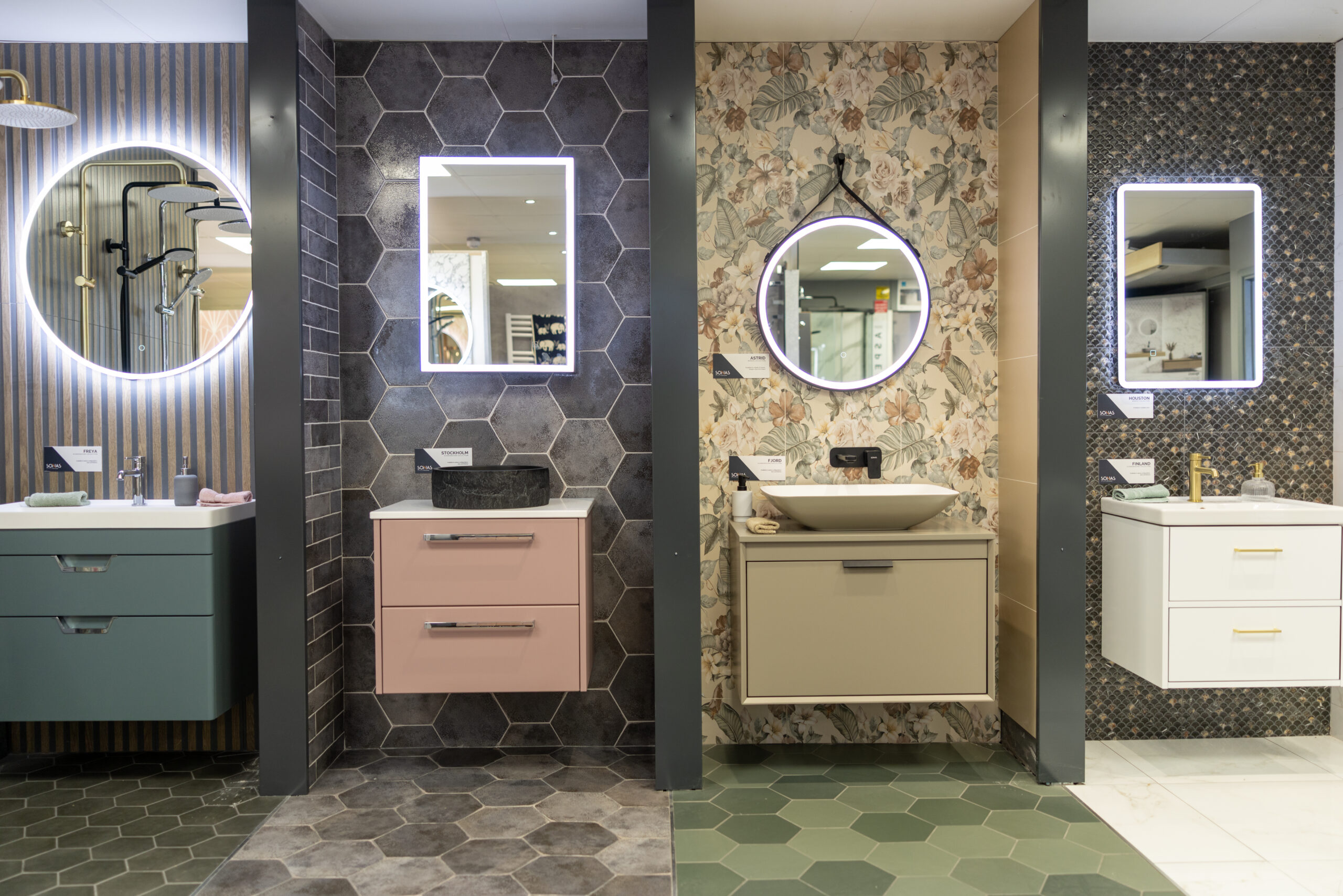 Close-up of tile, shower and fittings