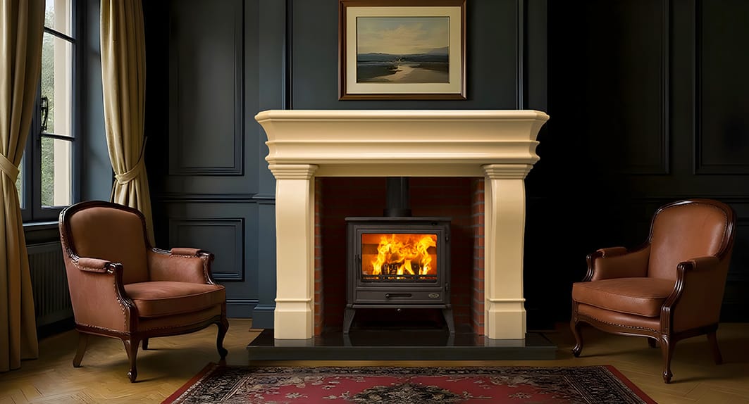 Atlantic Causeway surround in ivory paired with a Port stove