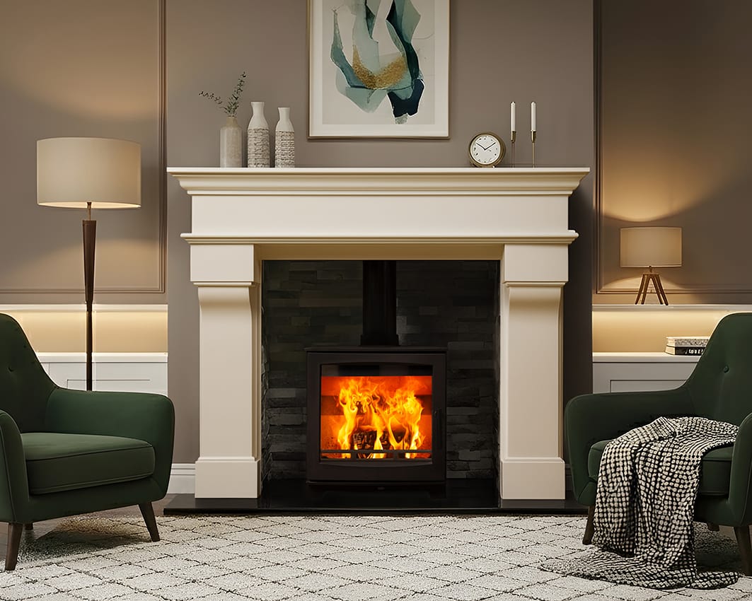 Atlantic Oyster 8 stove set into a Kells ivory surround with slate chamber in a living room