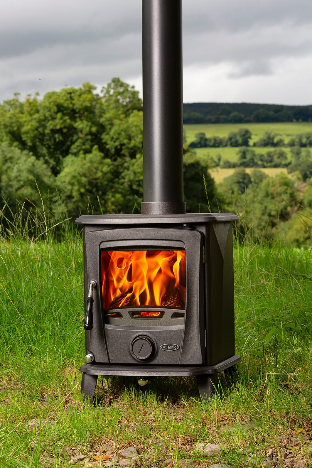 Atlantic Lough stove in a matt finish with a lit fire