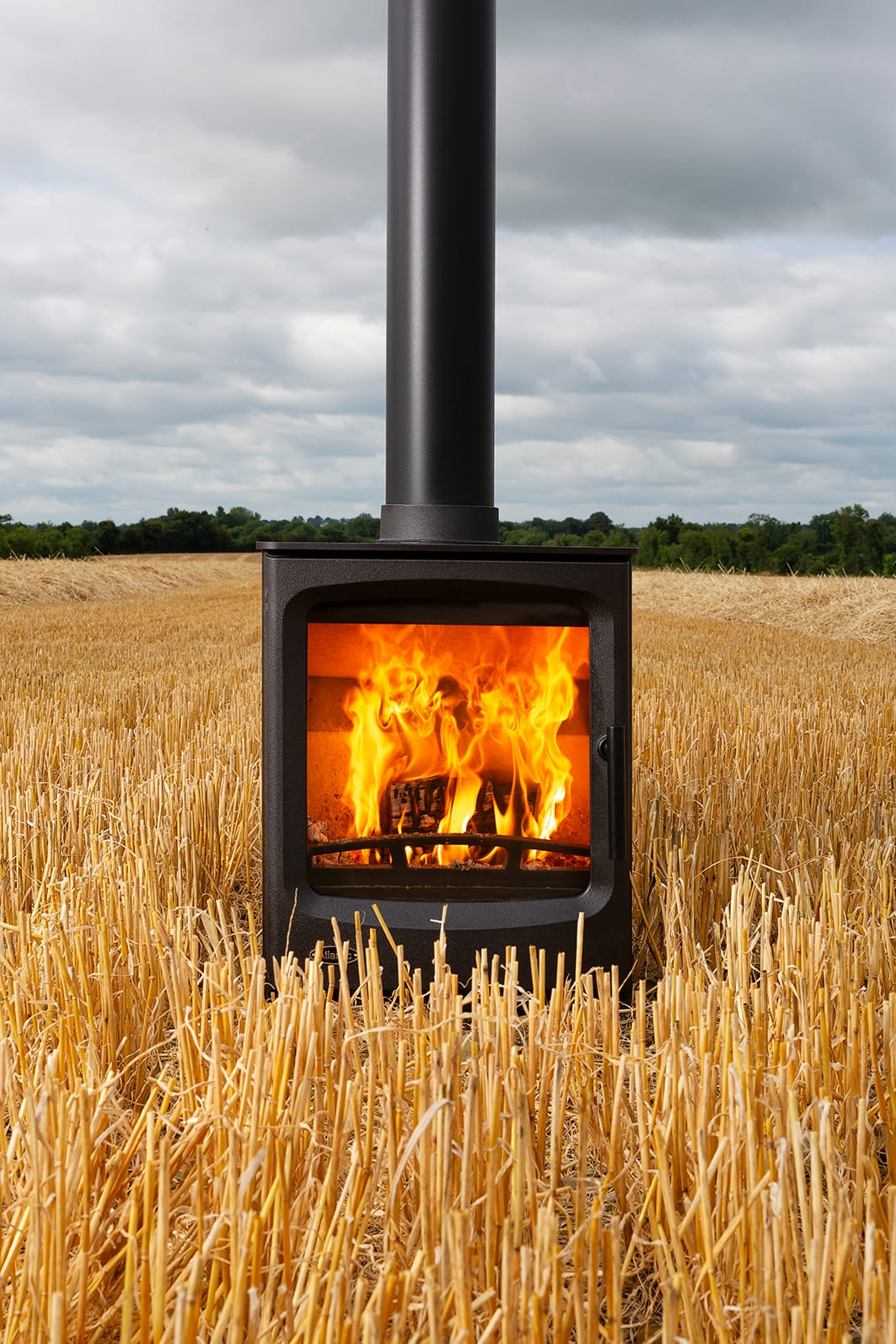 Atlantic Pearl 5 Wide stove with a landscape glass door and burning logs