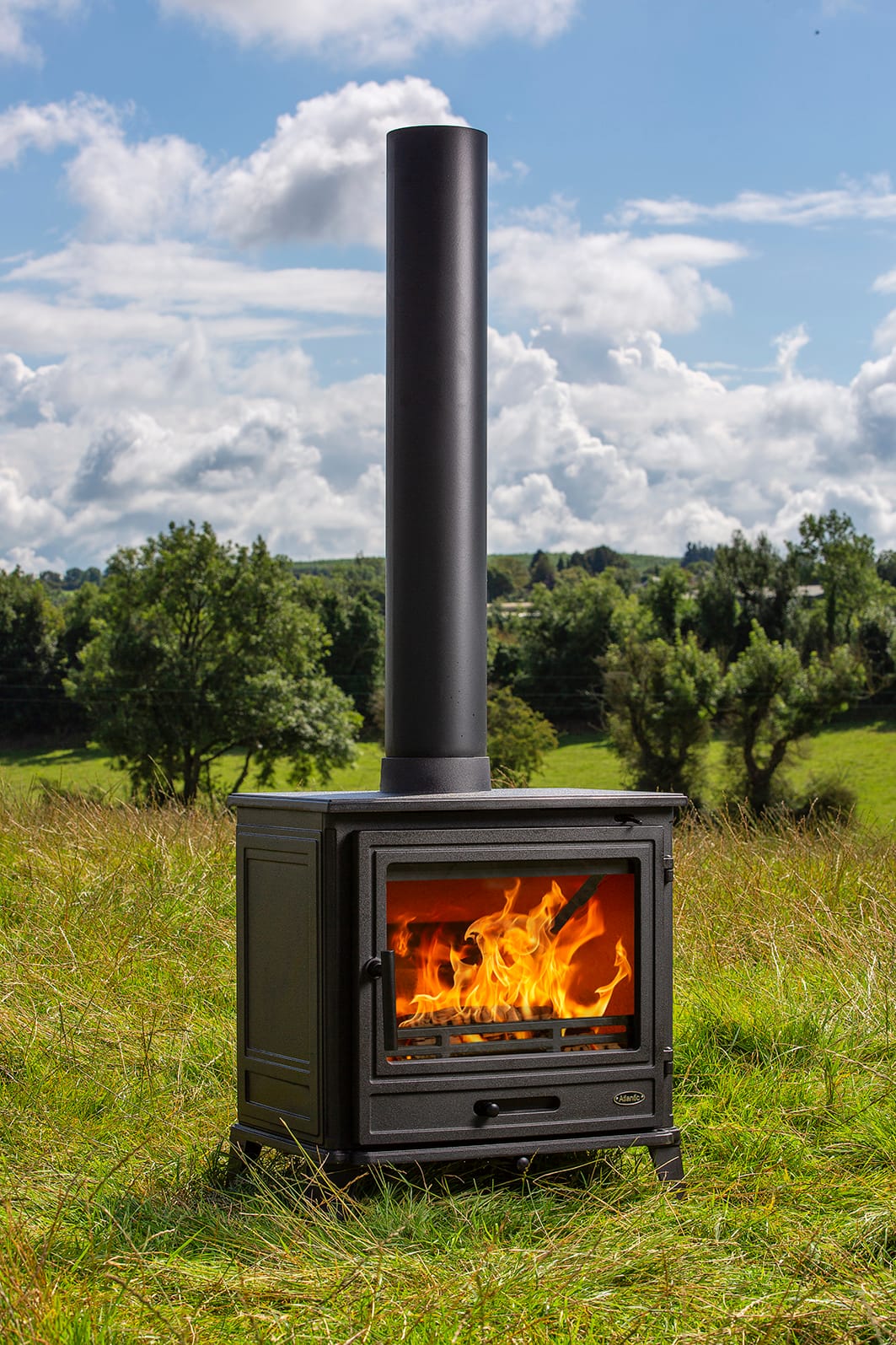 Atlantic Port stove photographed outdoors with the fire lit